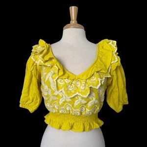 Anthropologie Place Nationale Butter Yellow Ruffle Linen Blouse Boho Embroidered